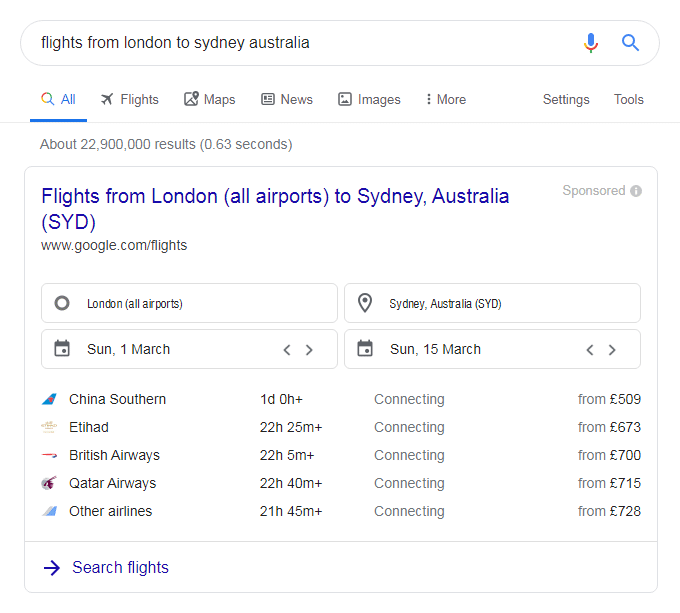 Google search - flights from london to sydney australia