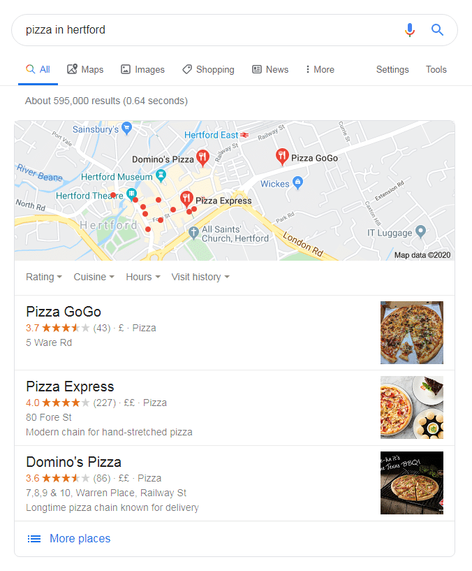 Google search - pizza in hertford