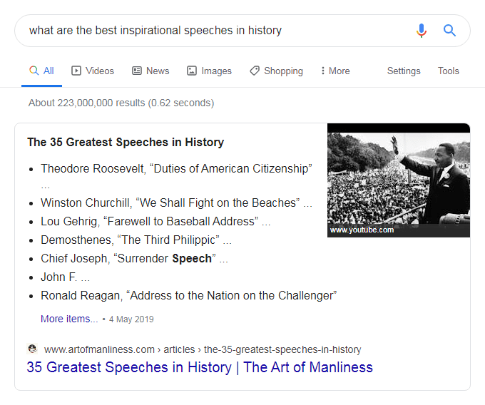 Google search - what are the best inspirational speeches in history